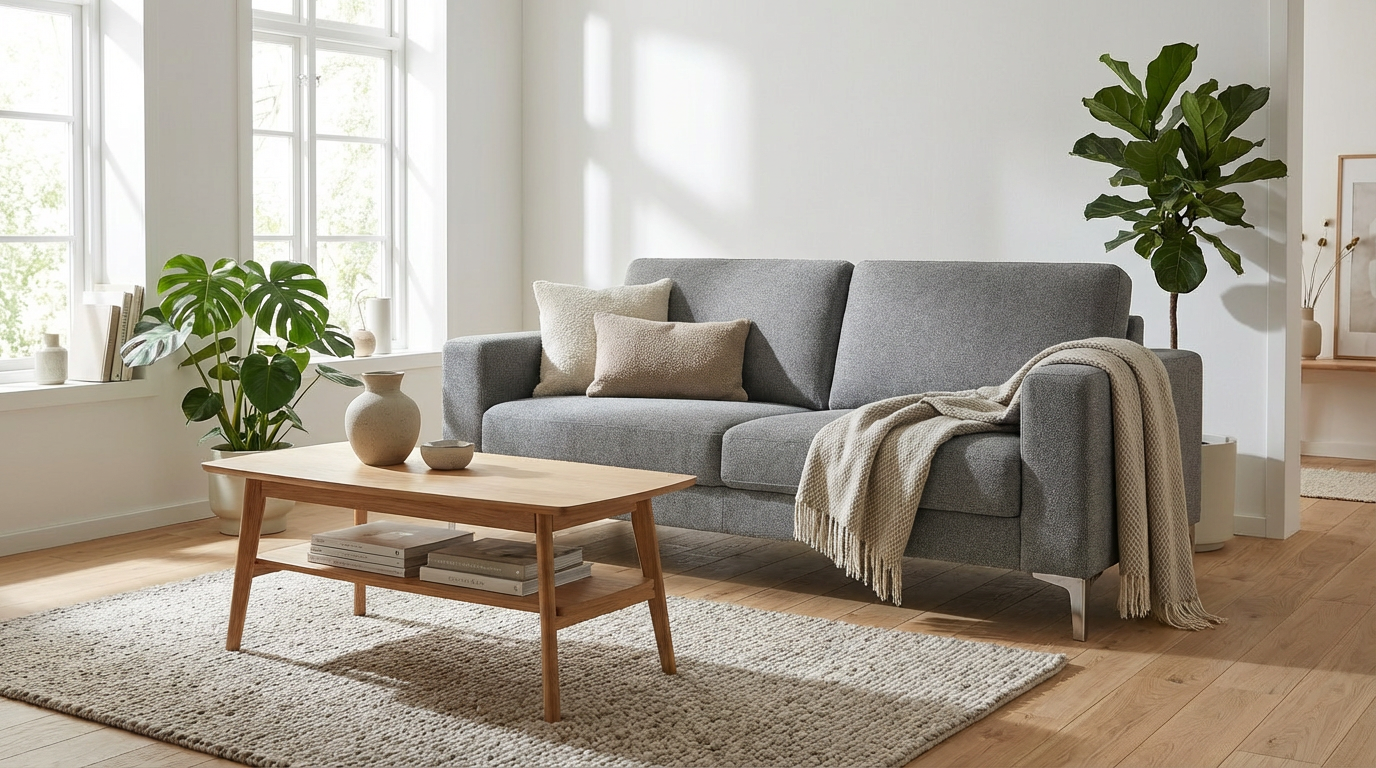 Demo furniture in beautiful interior setting after AI enhancement