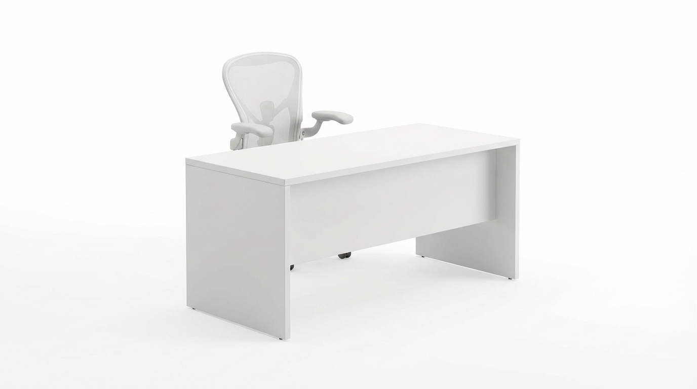 Office desk on plain background before AI interior visualization